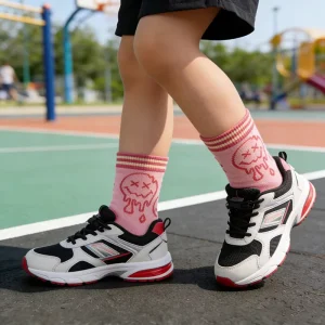 Customized Fashion Comfortable Breathable Crew Socks Casual Daily Wear Pink Cotton Knit Socks for Kids
