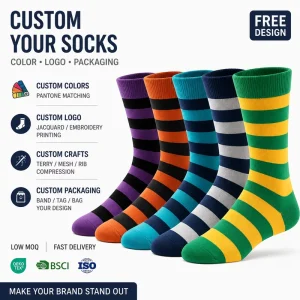 Customized Jacquard Embroidery Knitted Cotton Blend Anti-Slip Crew Socks Casual Breathable Striped Personalized Bottom OEKO-TEX