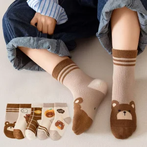 Customized Logo Baby & Children’s Socks Soft Breathable Sweat Absorbent Knitted Cute Bear Design Seamless Dress Socks