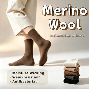 Customized Logo Thermal Crew Socks Antibacterial Moisture Wicking Wear Resistant Winter Casual Hiking Merino Wool Socks