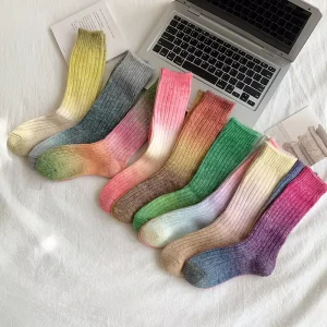 Customized Women Wool Sock Tie Dye Autumn Winter Socks Woman Long Crew Warm Breathable Fashion Gradient Color Wool Knitted Socks