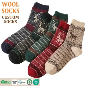 Customized Women’s Geometric Wool Crew Socks Winter Warm Sweat Absorbent Knitted Socks Much Color Striped Daily Dress Socks