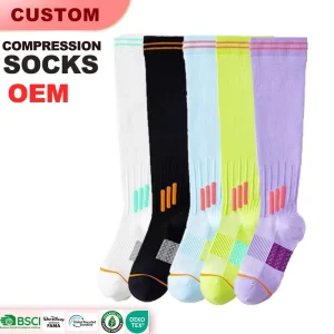 Customized Women’s Knee Compression with Longitudinal Stripes Socks Autumn Polyester Sweat-absorbent Compression Socks