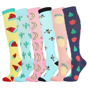 Customized Women’s Thigh High Sports Compression Socks Long Knitted Warm Breathable Colorful Cute Fruit Patterns Bottom Logo