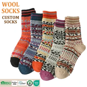 Customized Women’s Wool Acrylic Crew Knitted Geometric Winter Warm Sweat absorbent Thick Socks Body Much Color
