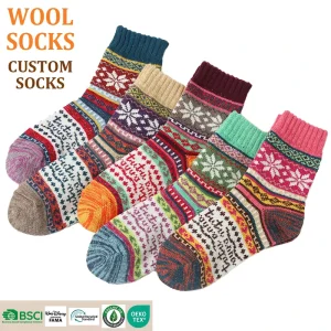 Customized Women’s Wool Crew Knitted Socks Winter Sweat-absorbent Keep Warm Thick Geometric Pattern Body Daily Use