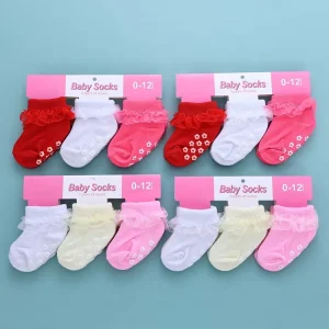 Cute Baby Socks Candy Colors Baby Girl Lace Edge Princess Bow Decor Infant Socks with Anti Slip