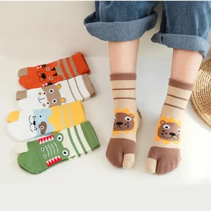 Cute Boys Girls Two Toed Tabi Socks Kids Cartoon Animals Printed Pure Cotton Short Socks Split Thumb Toe Socks