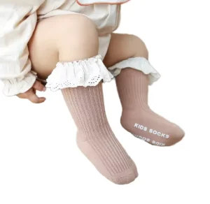 Cute Combed Cotton Girl Baby Knee Socks Anti Slip Ribbed Design with Grip Knitted Casual Style for Spring Season
