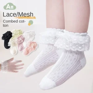 Cute Exquisite Lace Butterfly Pattern Spandex/Cotton Socks for Female Baby Princess Breathable Sweat-Absorbent Summer Mesh Thin