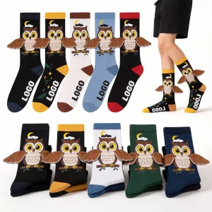 Cute Glow in the Dark Owl Moon Pattern Socks Multi color Cotton Kids Crew Socks LOGO Print Mix Retail Custom