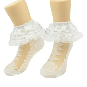 Cute Infants Girls White Cotton Baptism Socks Breathable Turn Cuff Kids Frilly Lace Embroidered Cross Ankle Christening Socks