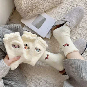 Cute Kawaii Women’s Mid Calf Socks Autumn Winter Thermal Fleece Lined Thick Warm Japanese Cartoon Plush Dachshund Long Socks