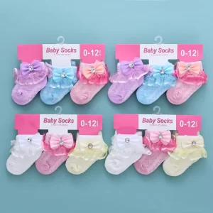 Cute Princess Baby Girl Summer Casual Socks Breathable Cotton Knitted with Lace Bowknot Candy Color Pearl