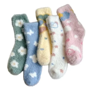 Cute Thermal Ankle Socks Soft Comfortable Warm Furry Snow Plush Lining Breathable Cartoon Pattern Fall Winter Women’s Body Logo