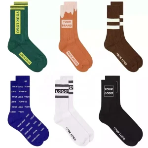 Designer Jacquard Knitted Crew 100% Cotton Thick Anti Bacterial Brands Socks Casual Letter Bottom Logo Funny Sports Custom