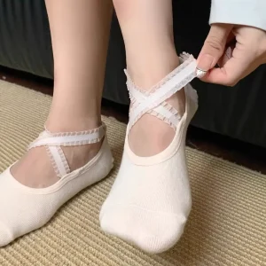 Elastic Lace Cross Straps Solid Color Anti Slip Sports Socks Pilates Yoga Dance Low Cut Socks for Women