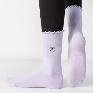 Embroidered Logo Breathable Comfortable Women Ruffles Frill Custom Bow Ruffle Grip Pilates Yoga Socks With Bow