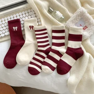 Era Winter Crew Thermo Boneless Pile Socks Bubble Mouth Cloth Label Bow Polyester Red Women Socks