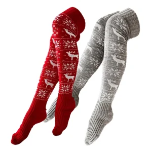 Euro american Christmas Knitted Wool Stockings Women’s Elk Snowflake Jacquard Over the knee Pile Socks Floor Stockings