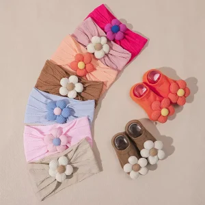 Europe United States Solid Color Five-Petal Flower Stretch Nylon Wide Hair Band Set for Baby Girls New Children’s Accessories