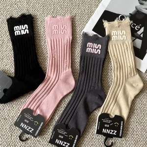 European Style Decorative Women’s Cotton Socks 3D Letters Ripped Double Needle Striped Crew Length
