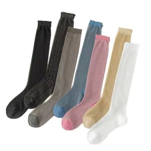 European Trendy Women’s Boneless Spring Summer Knitted Calf Knee High Socks Gold Silver Silk Glitter Crew Socks