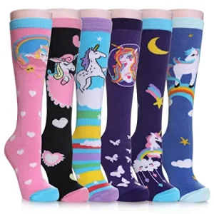 FNOVCO Girls Winter Knee High Socks Cartoon Animal Patterns Cotton Over Calf (6 Pairs Colour Unicorn 02)
