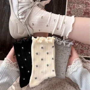 Factory Direct Sales Spring Thin Floral Mid-Calf Cotton Women’s Bubble-Trimmed Breathable Seamless Socks
