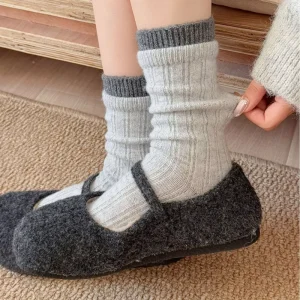 Fall Winter Breathable Wool Slouch Socks Simple Versatile Seamless Crew Color Block Double Ribbed Thick Women Design Your
