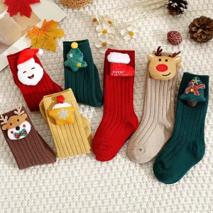 Fall Winter Ins Kids’ Christmas Socks Knitted Breathable Cartoon Pattern Fleece Bow Cute Mid Calf Socks