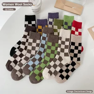 Fall Winter Thick Socks Trendy Checkered Wool Socks Warm Women’s Socks Ins Fashion Japanese Aesthetic Soft Mid Calf Socks