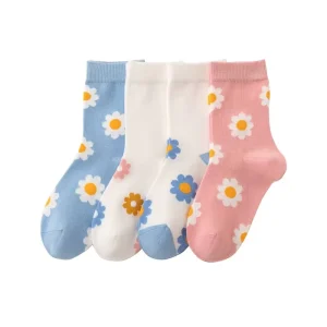 Fashion Casual Crew Sock for Children Girl High Quality Knitted Flower Pattern Socks Breathable Cotton Anti-Bacterial Women Sock