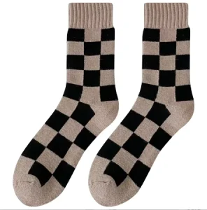 Fashion Check Warm Winter Terry Wool Socks Custom Design Crew Thick Cushion Socks for Women