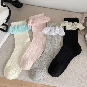 Fashion Lace Trim Cotton Crew Socks for Women Summer Thin Hollow Mesh Breathable