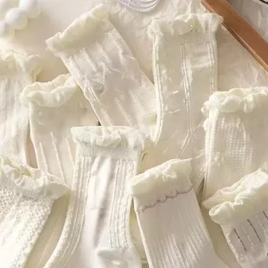 Fashion Summer Lace Thin Mesh Cotton Socks Preppy School White Crew Socks Women’s Socks