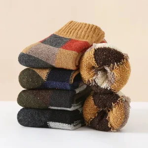 Fashion Warm Polar Winter Warm Socks Men’s Thick Terylene Warm Terry Vintage Plaid Medium Tube Socks XL