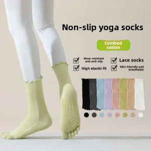 Five-toe Crew Combed Cotton Yoga Socks Women Autumn Pilates Fitness Sports Professional Anti-Slip Seamless Lace Single Needle