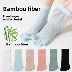 Five-toe Crew Socks Women’s Summer Thin Bamboo Fiber Knitted Mesh Breathable Anti-odor Antibacterial Sweat-absorbing Boneless