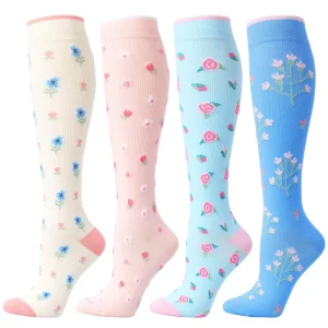 Floral Jacquard Compression Socks High Elastic Patterned Knee High Socks Breathable Women Compression Socks