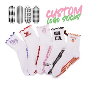 Free Design Customised Jacquard Embroidered Crew Anti slip Socks for Women Anti Bacterial Custom Logo Grip Yoga Pilates Socks