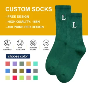 Free Design Knitted Embroidered Cotton Crew Socks Custom Sports Socks with Logo