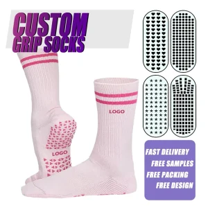 Free Sample Low MOQ Custom Logo Premium Cotton Anti slip Grip Pilates Socks Crew Women Indoor Silicone Non slip Yoga Socks