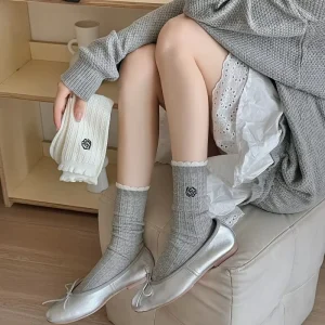 French Elegant Solid Color Camellia Cotton Socks Women Summer Medium-Length Stockings Longitud Del Tobillo Calcetines De Verano