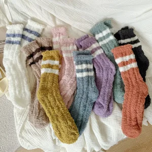 GI Autumn Crew Coral Fleece Thickened Terry Unisex Breathable Polyester Spandex Socks Two Stripes Home Warm Floor