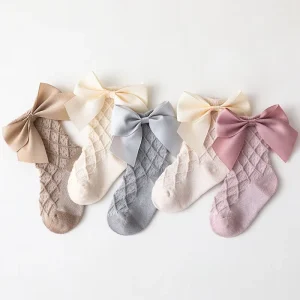 Girls Children’s Casual Dot Fluffy Tube Socks Bowknot Kids Cotton Comfortable Socks for School Daily Wear Ages 4-10