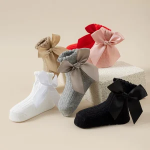 Girls’ Children’s Non slip Combed Cotton Breathable Sweat Absorbent Autumn Winter Mid tube Bow Knee High Socks One Size
