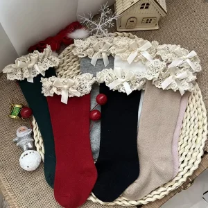 Girls’ Children’s Thin Knitted Breathable Mid Calf Princess Lace Baby Socks with Bow Knot