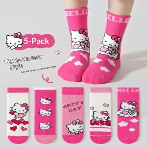 Girls Crew Socks Autumn Cute Cartoon Tube Socks Pink Cat Children’s Breathable Cotton Baby