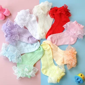 Girls’ Cute Breathable Cotton Short Socks Six Petal Flower Mesh Double Layer Lace Solid Color Children’s Breathable Short Socks